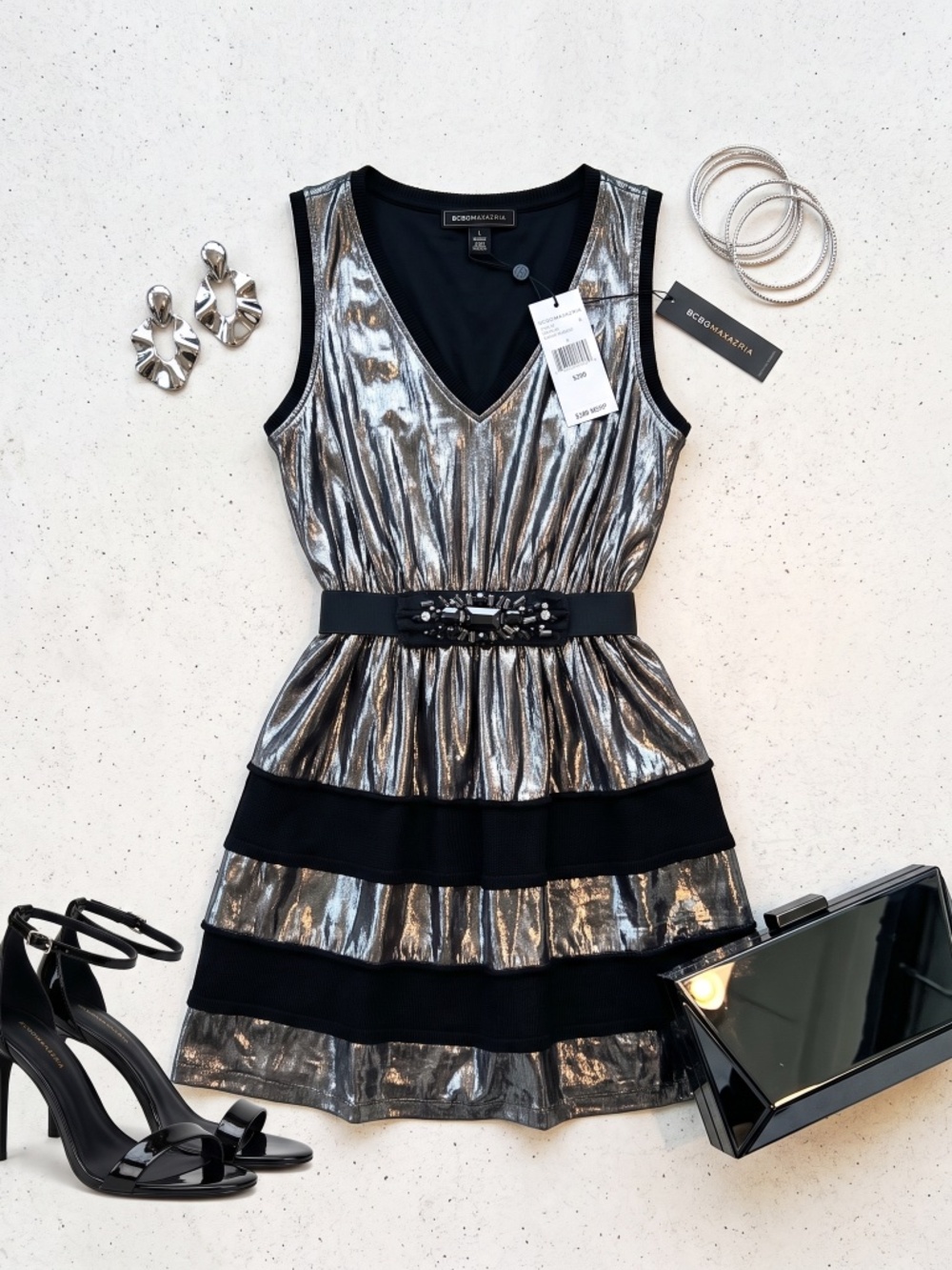 BCBGMAXAZRIA Metallic Gunmetal Foil Tiered Cocktail Mini Dress Belt S NWT